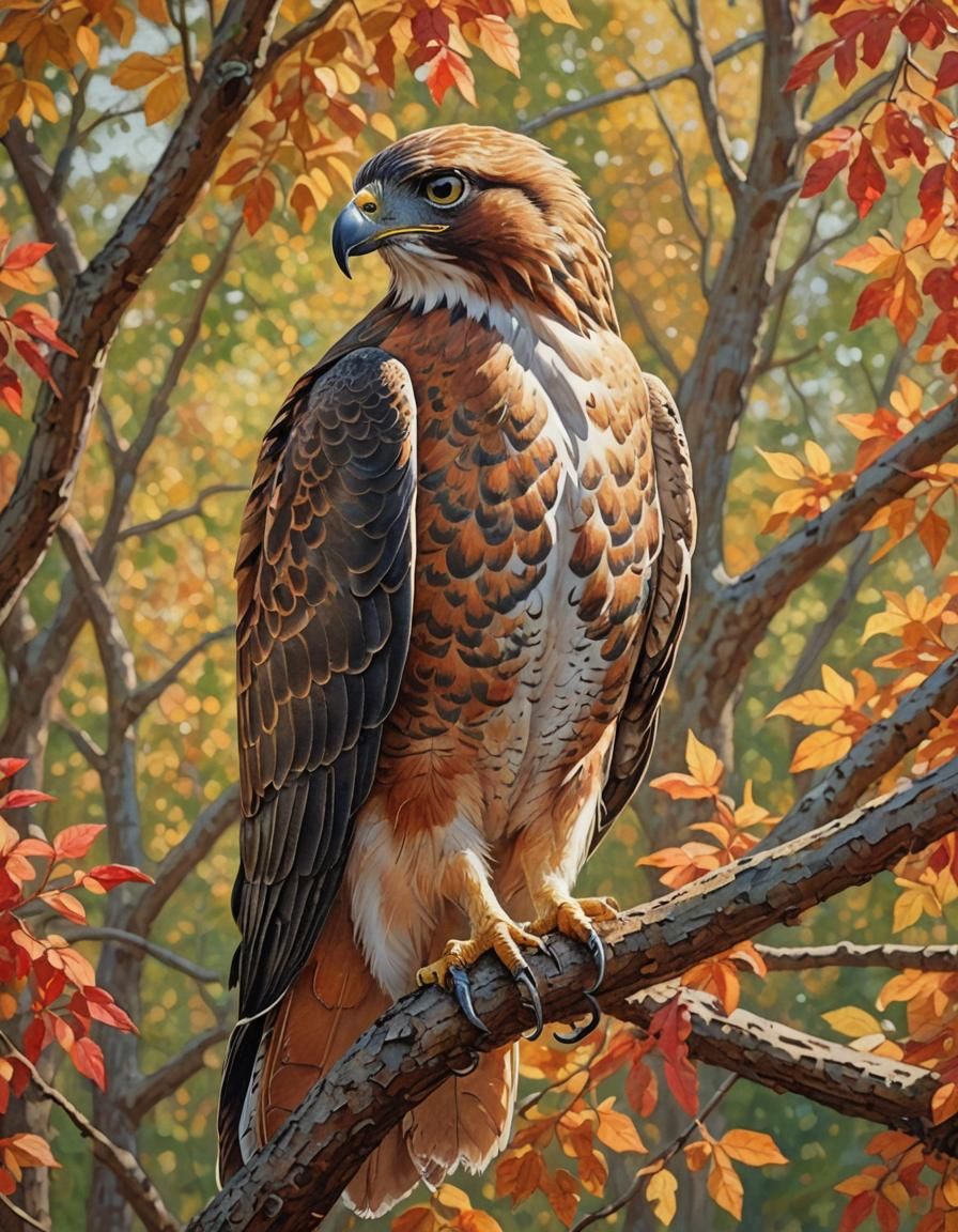 Red-Tailed Hawk in Pointillist Style