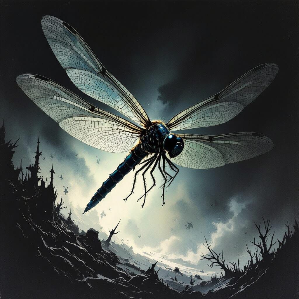 Horrifying Colossal Dragonfly Emerges in Dark Fantasy Style