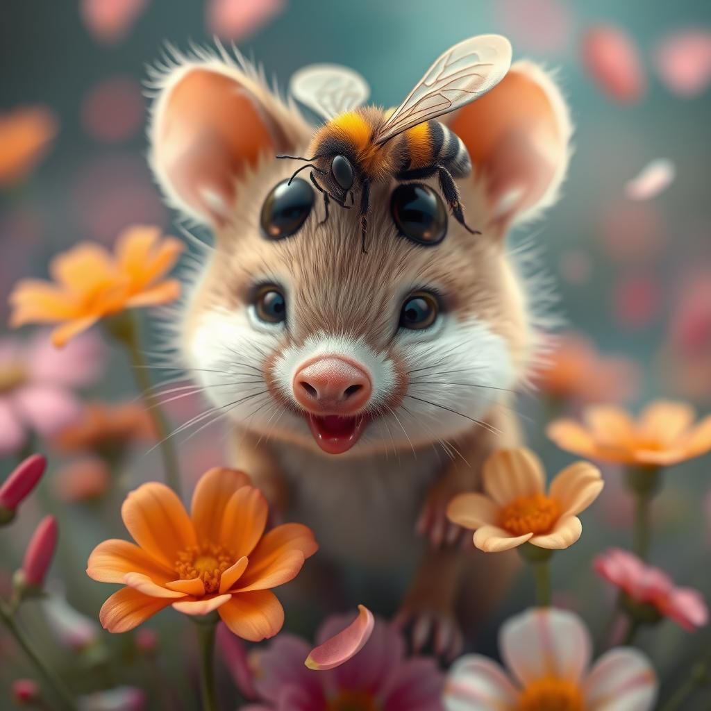 Fuzzy Creature with Bumblebee, Illustrative Art Style