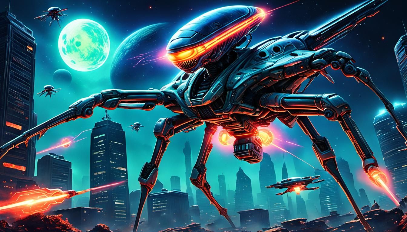 Intense Alien Uprising with Neon Lasers and Dynamic Action