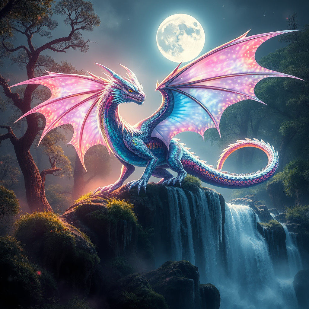 Crystalline Dragon Above Thunderous Waterfall