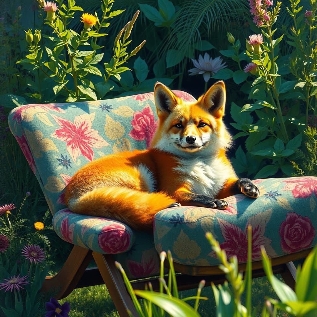 Golden Fox Relaxing in Garden as Oil Painting
