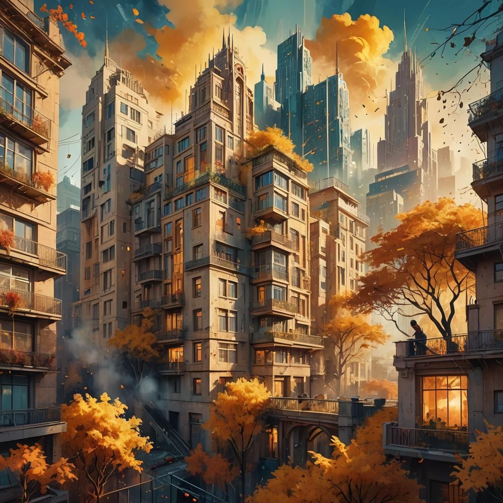 Futuristic Art Deco City in Autumn Light
