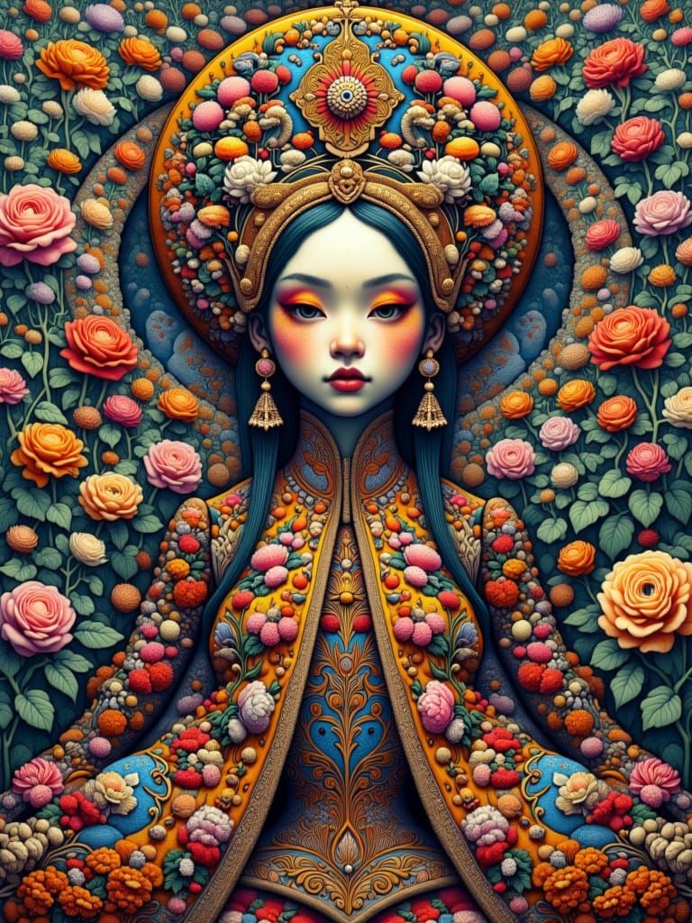 Regal Alien Goddess in Maximalist Attire with Surreal Futuri...