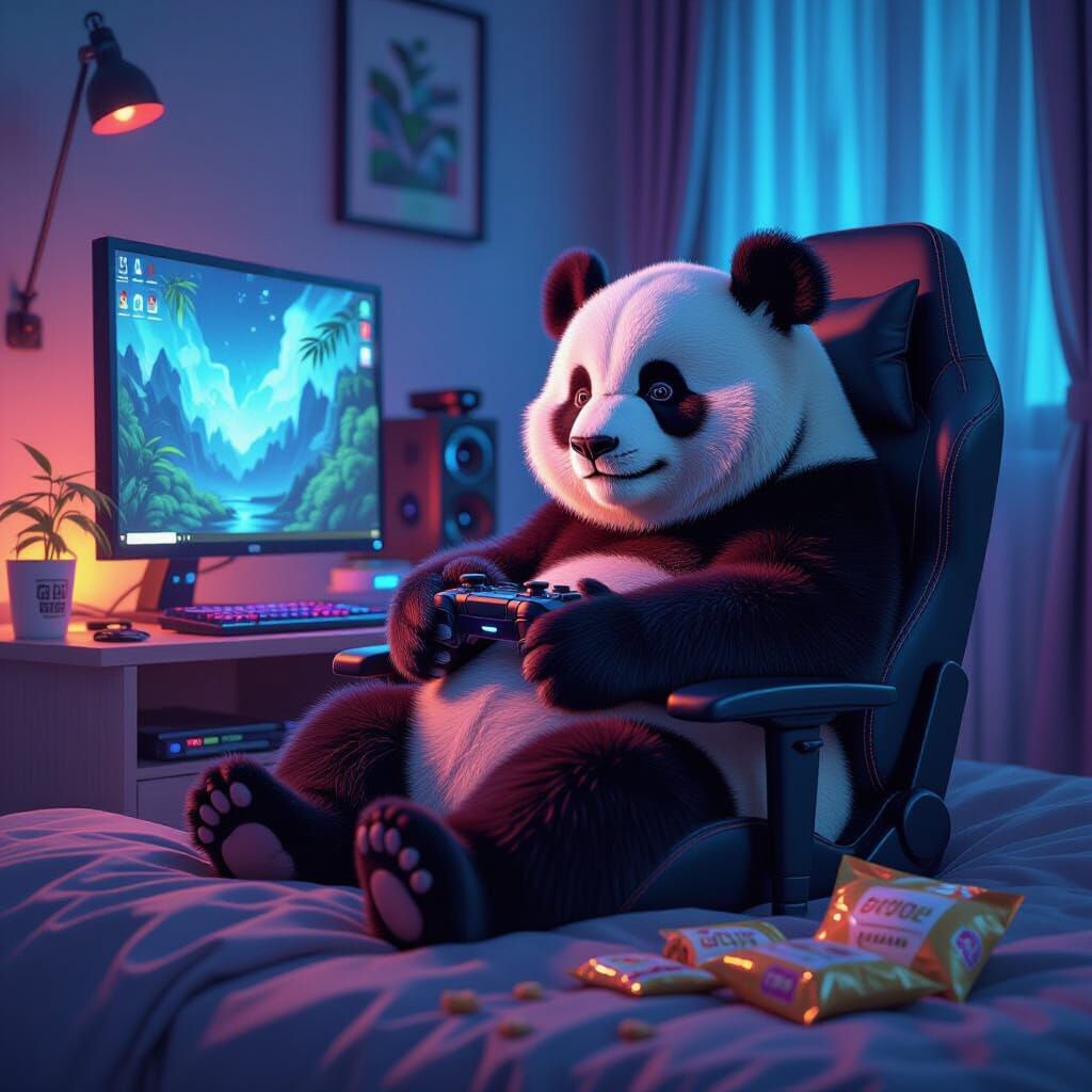 Panda Gamer in Hyperrealistic Digital Art Style