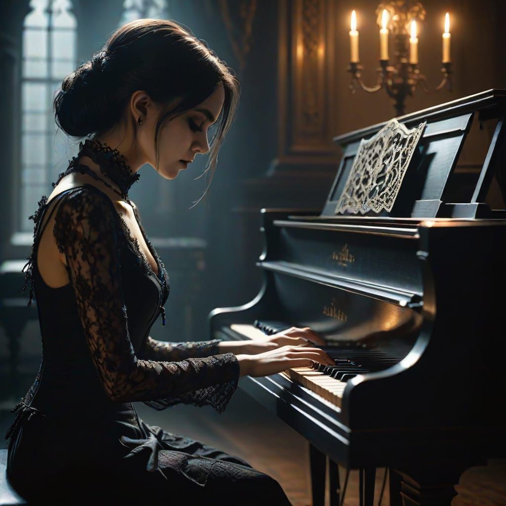 Gothic Pianist in Dark Academia Style