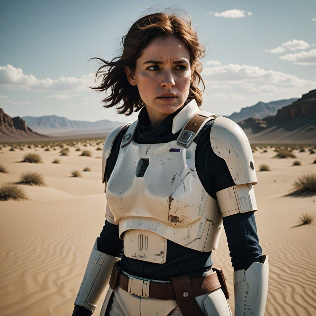 Strong Woman in White Stormtrooper Armor Stands Tall in Dese...