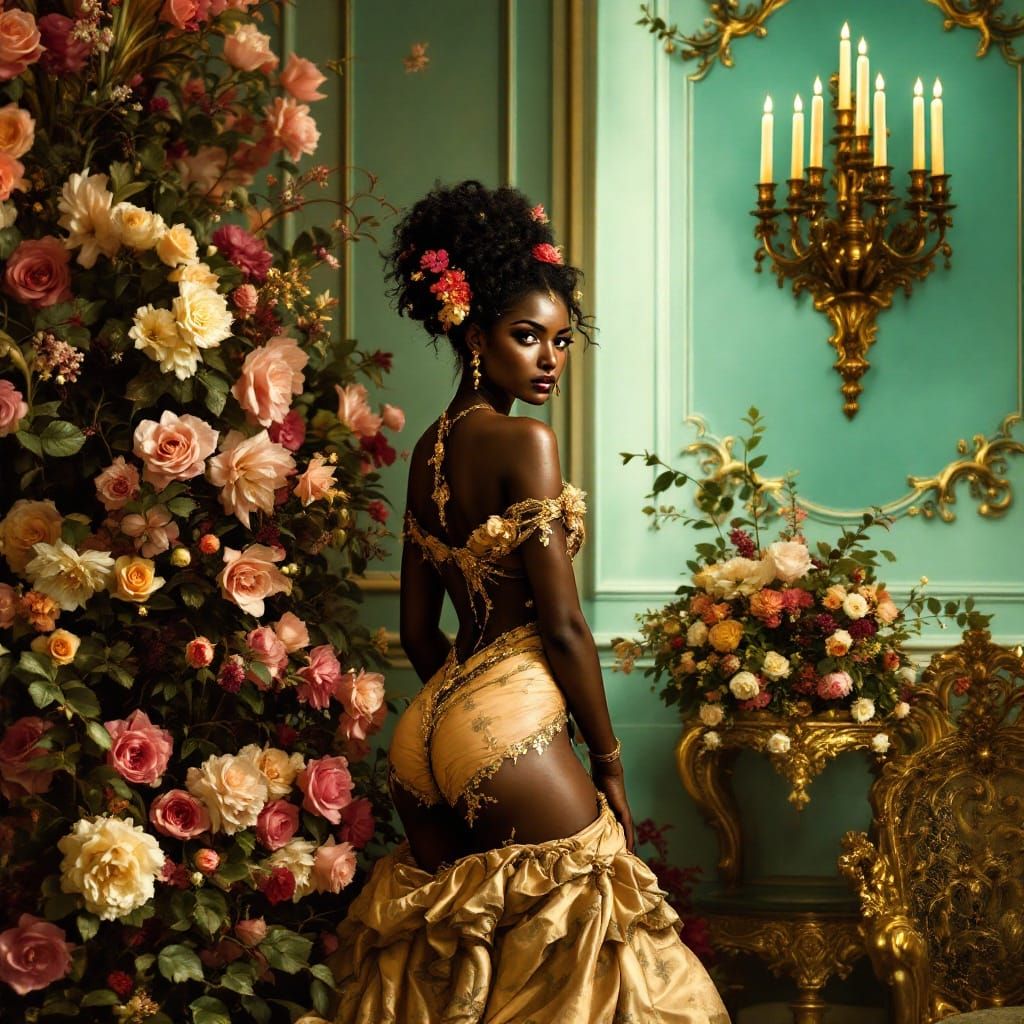 Ethereal Lady in Rococo Attire with Vibrant Florals