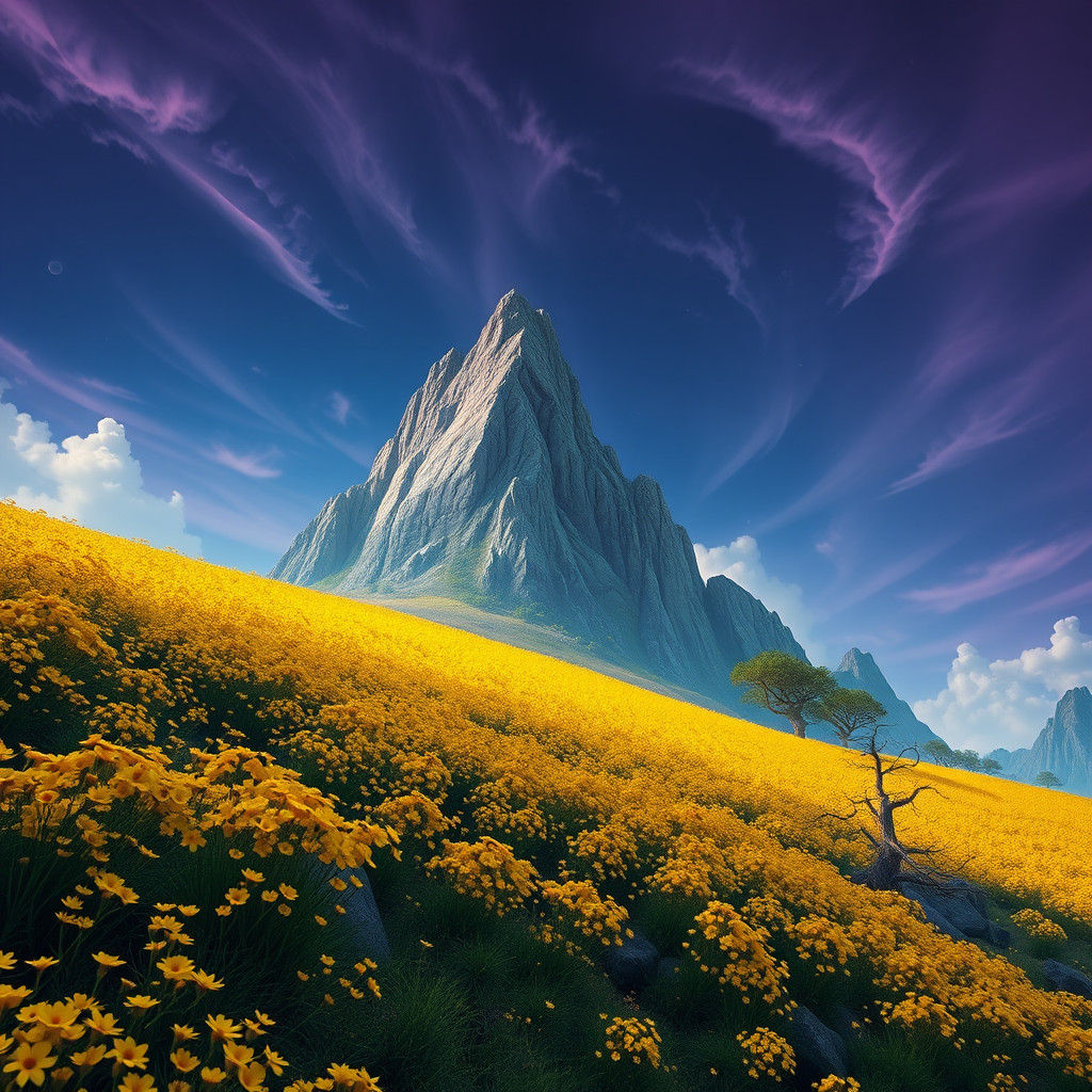 Mystical Mountain of Yellow Flowers: Digital Art