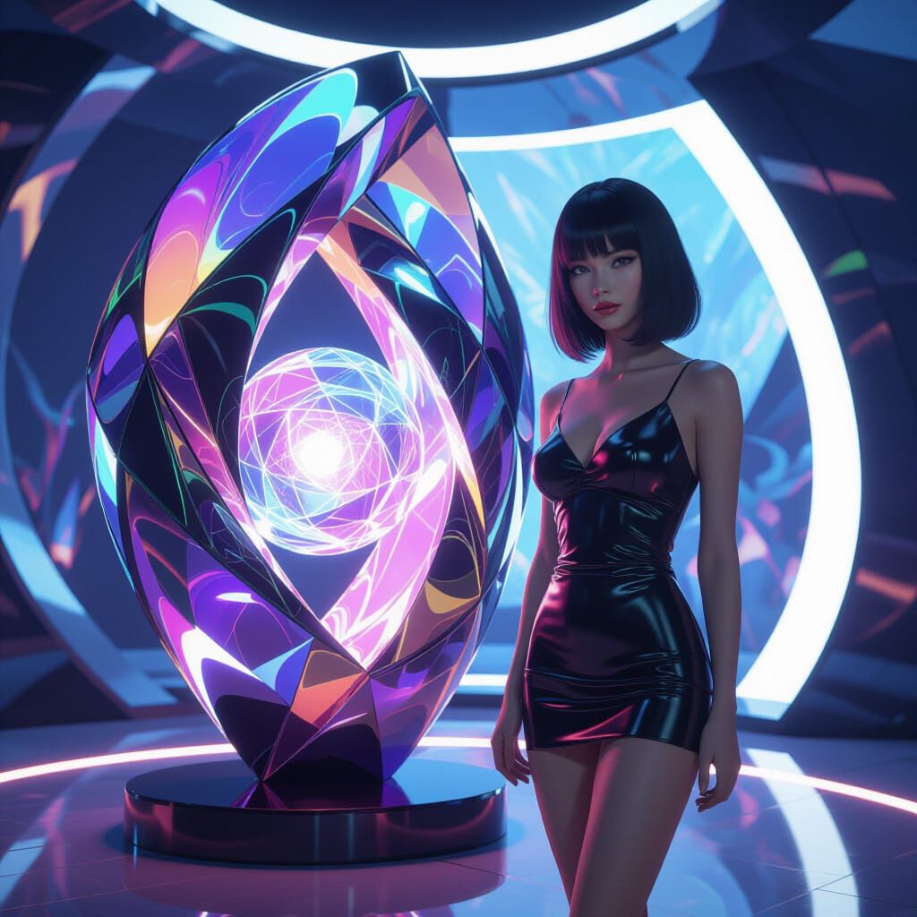 Hyper-Photorealistic Woman Beside Modern Sculpture