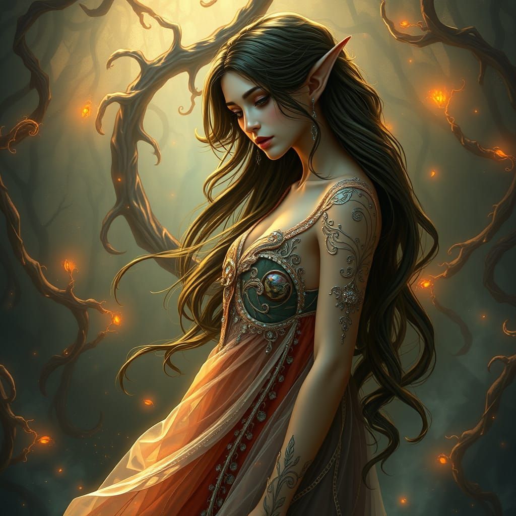 Ethereal Elven Maiden in Dreamlike Art Nouveau Setting