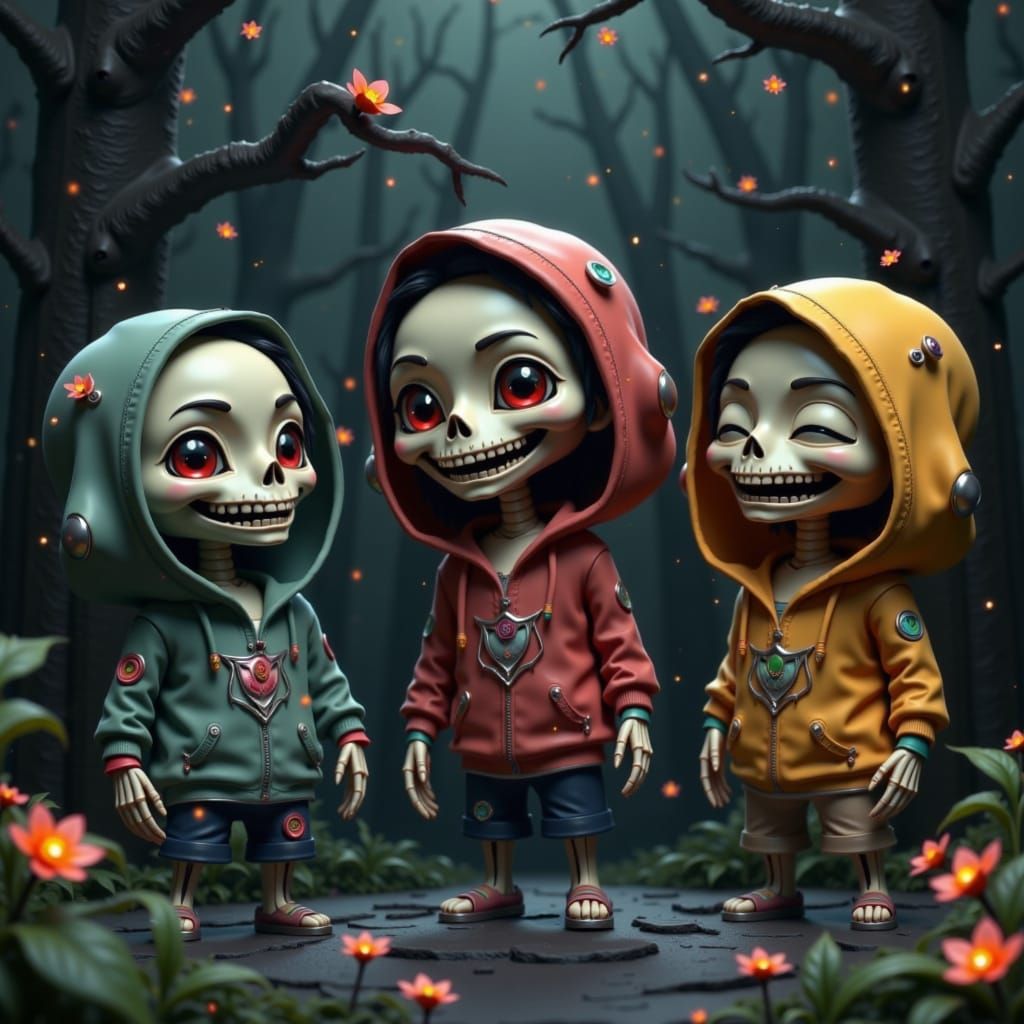 Laughing Chibi Skeletons in Moonflower Graveyard, CGI Style