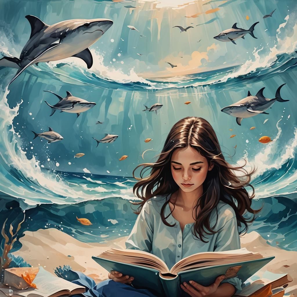 Girl Reading Book With Stingrays, Abstract Art