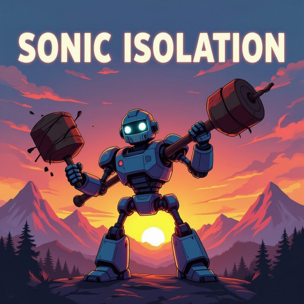 Iron Robot with Wrecking Ball Over Sunset Mountains