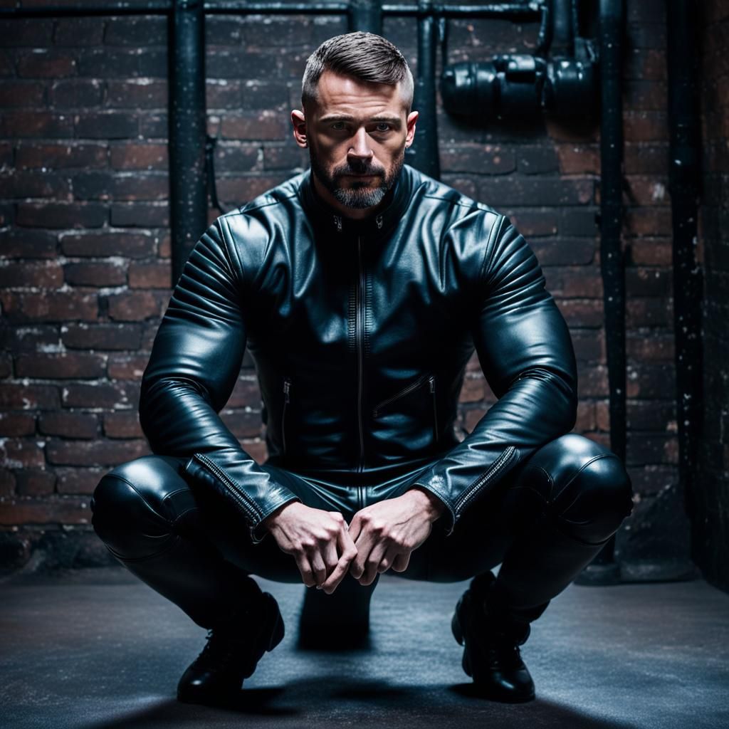 Muscular Man in Biker Suit in Dungeon
