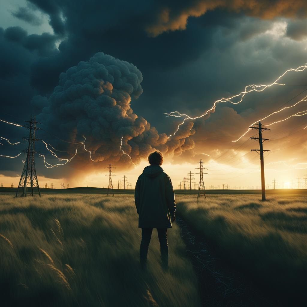 Dramatic Windswept Figure in Golden Hour Landscape