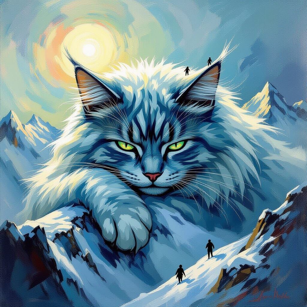 Colossal Blizzard Cat on Mountain Range Neo-Impressionist Pa...