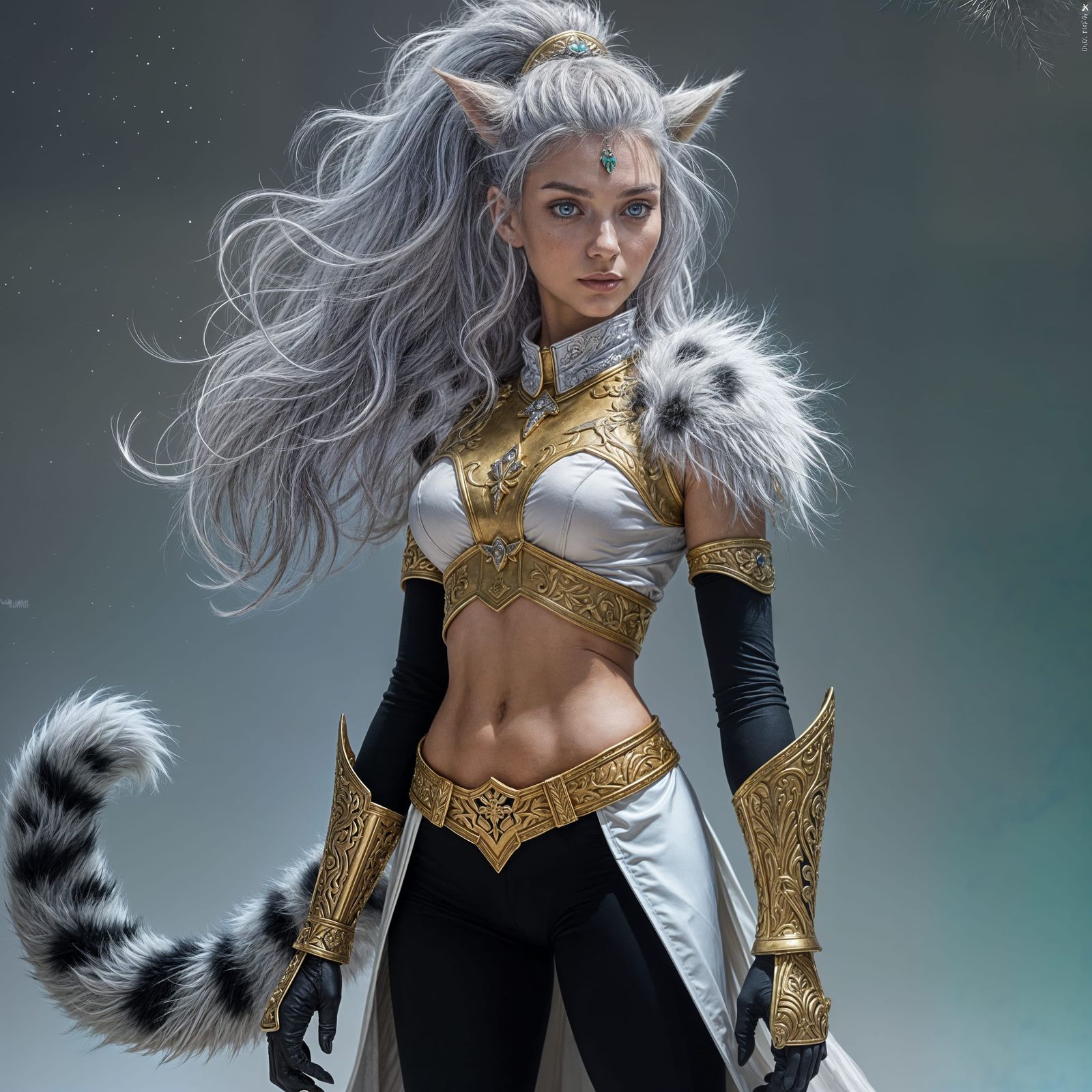 Snow Leopard Woman in Gold Armor, Hyperdetailed Portrait