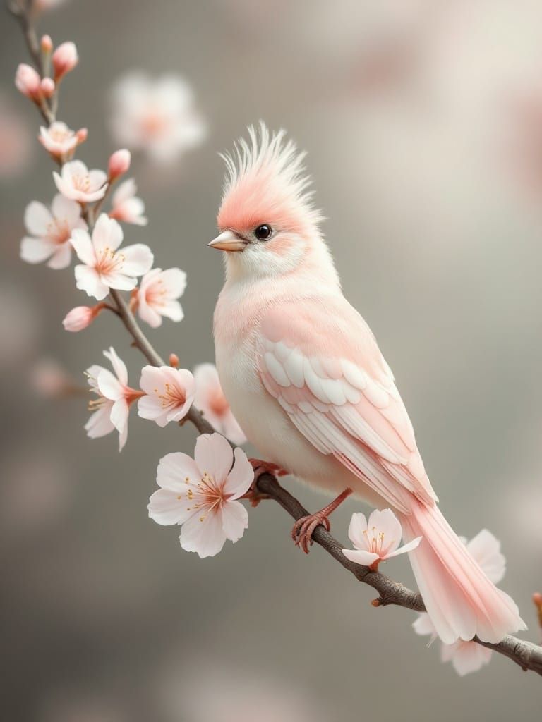 Delicate Bird Illustration in Pastel Pink Cherry Blossom Sce...