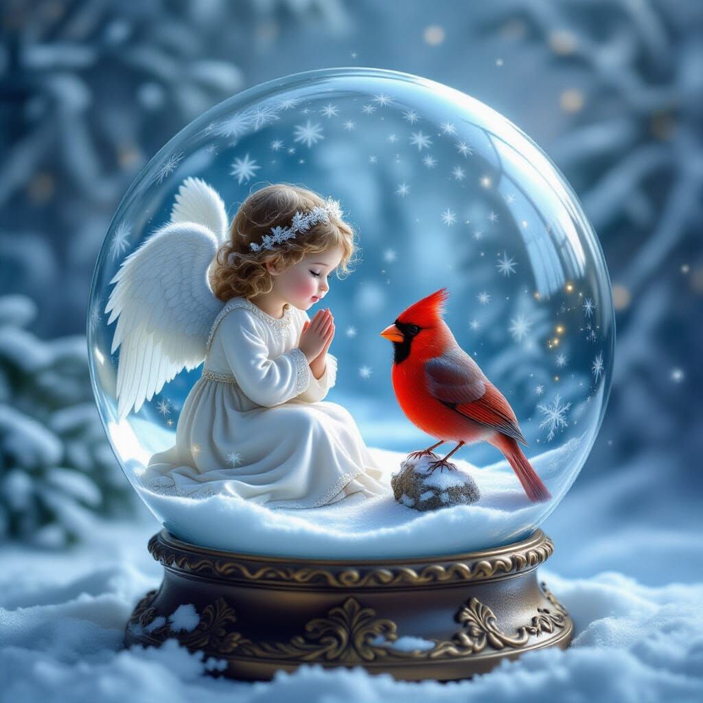Angel and Cardinal in Winter Snow Globe