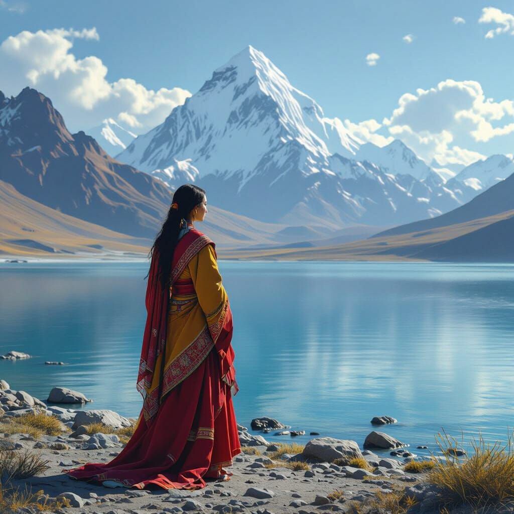 Contemplative Woman at Mansarovar Lake in Hyperrealism