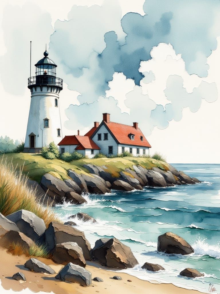 Lighthouse Keeper Watches Crashing Waves in Watercolor