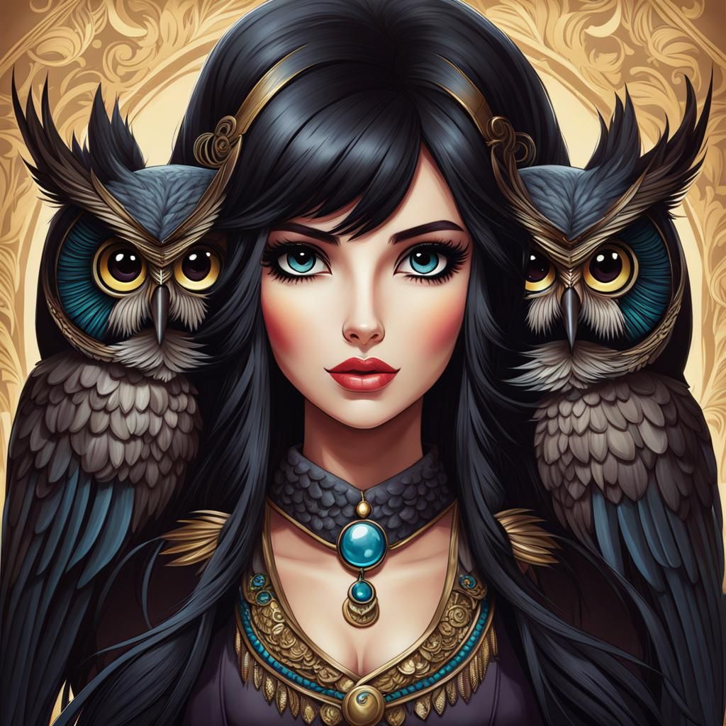 Dark-Haired Owl Girl Portrait