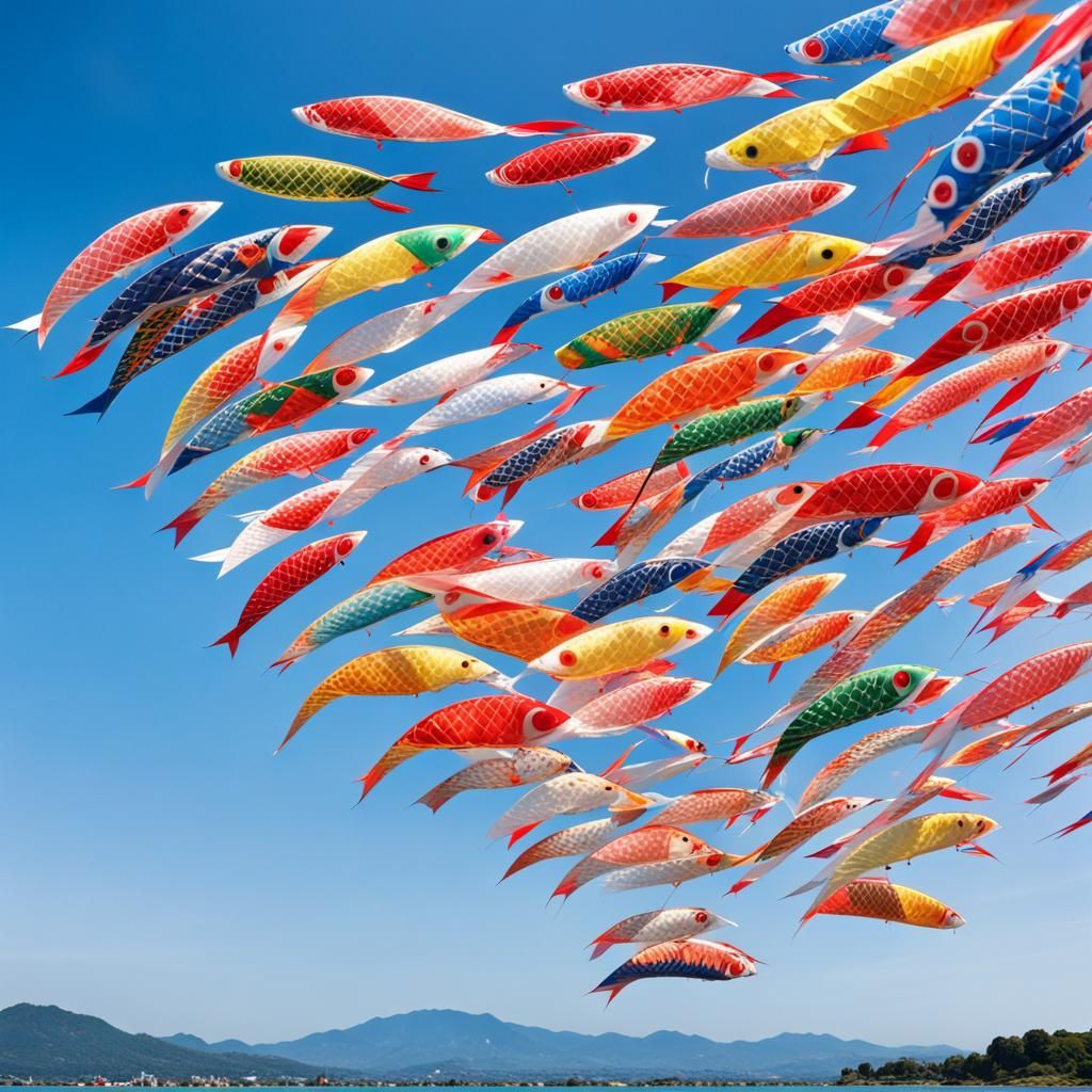 Carp Kites Dancing in a Rainbow Sky