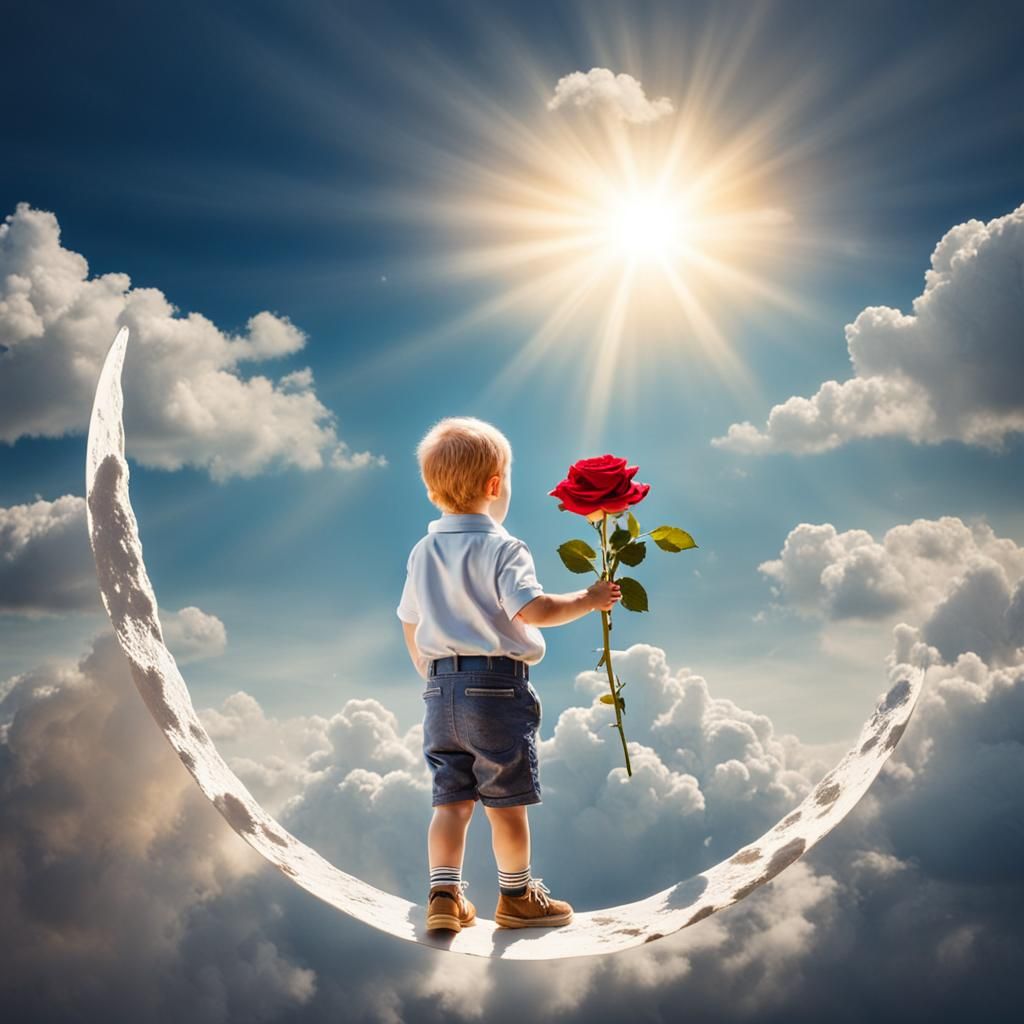 Boy on the Moon with Rose in Sunshine