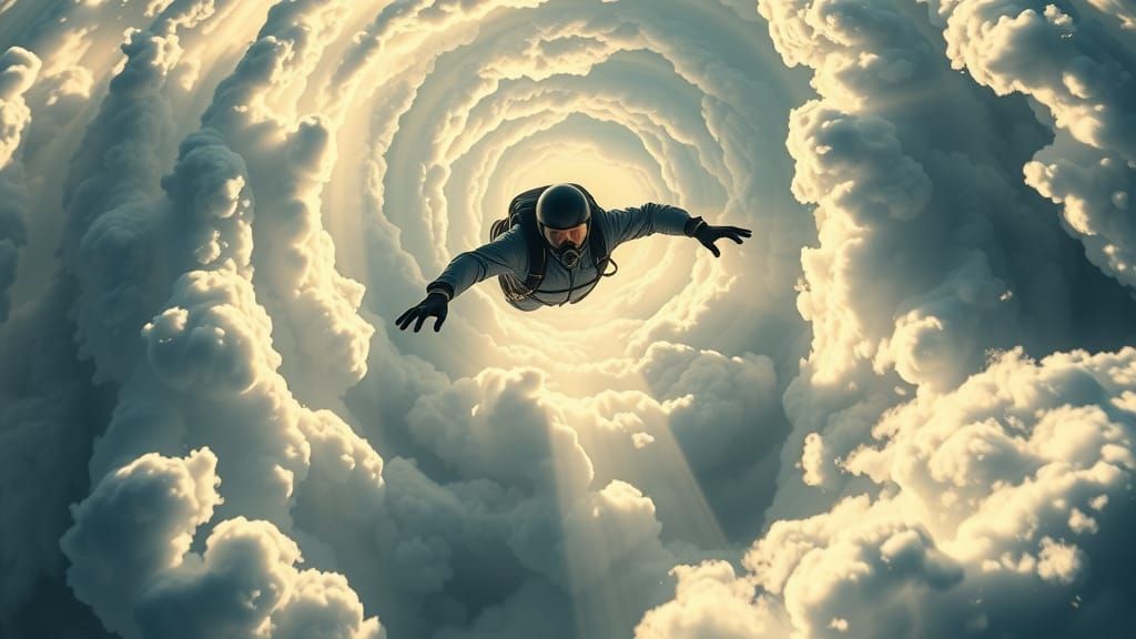 Skydiver Plunging Through Clouds with Dynamic Lighting