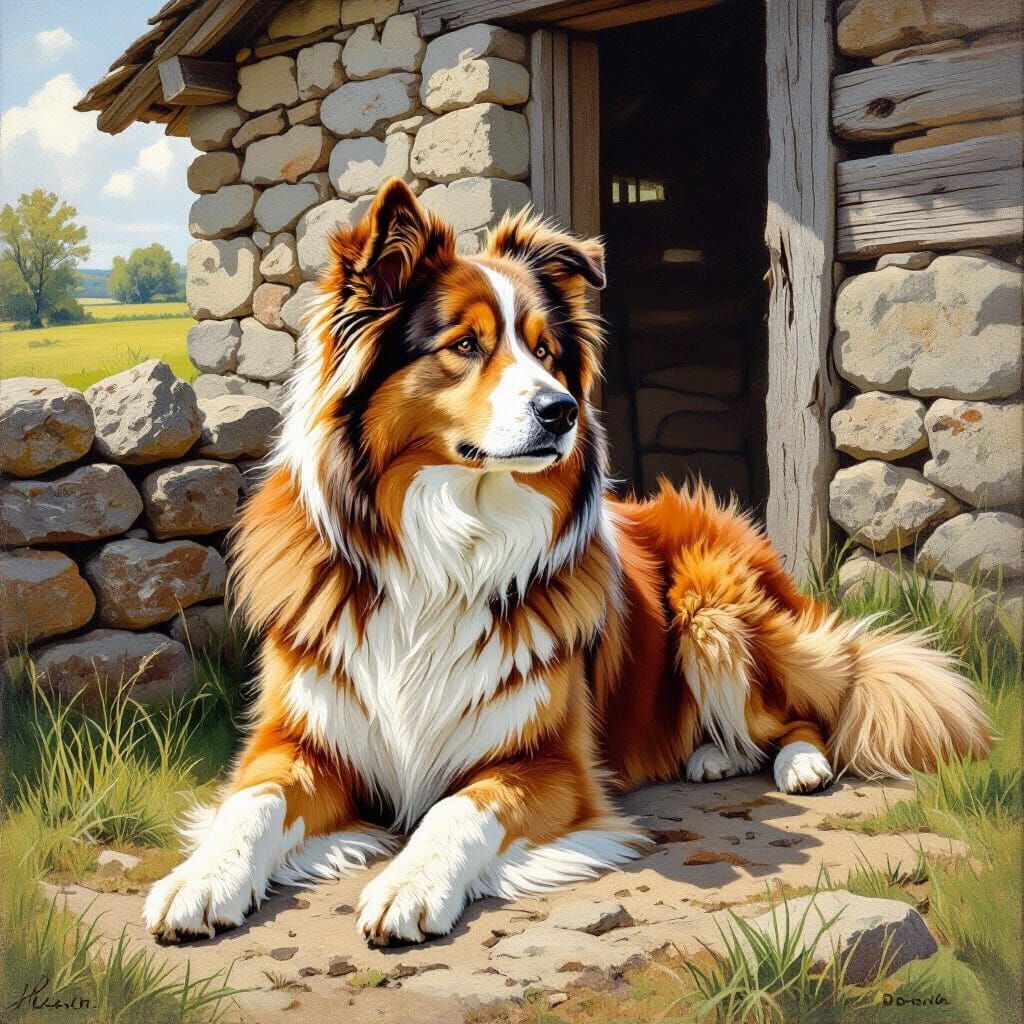 Fluffy Dog in Sunny Countryside, Earthy Realism