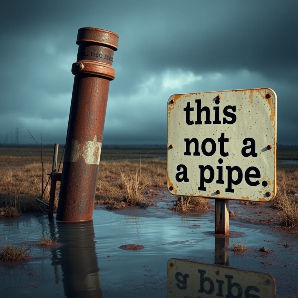Surreal Drainpipe Landscape with Vintage Sign