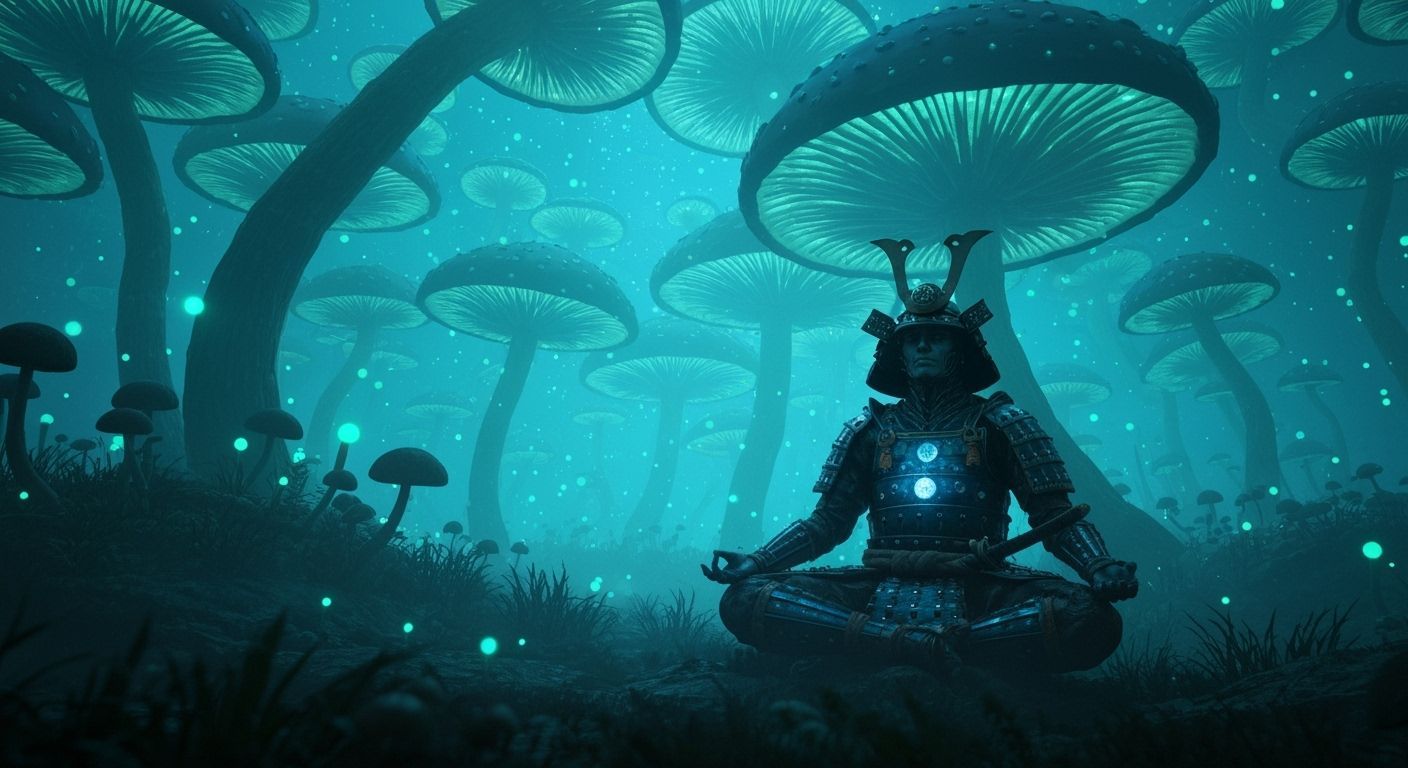 Samurai Meditating in Bioluminescent Mushroom Forest