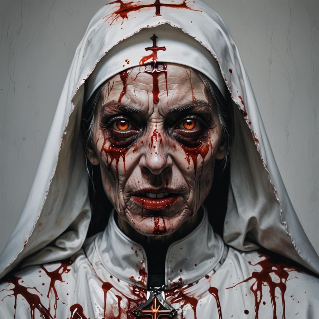 Evil Nun Portrait in Fiery Hellscape, Hyperrealistic Style
