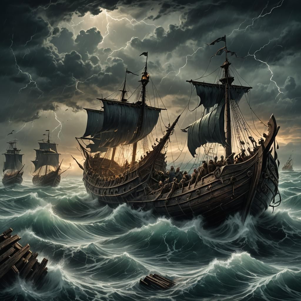 Dark Fantasy Viking Ships on a Stormy Sea