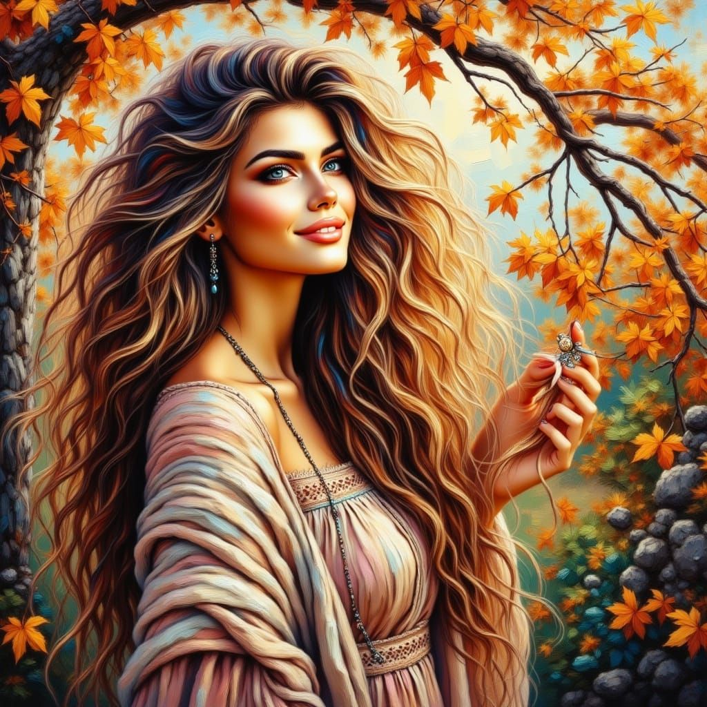 Elegant Woman in Autumnal Dress Admiring Foliage