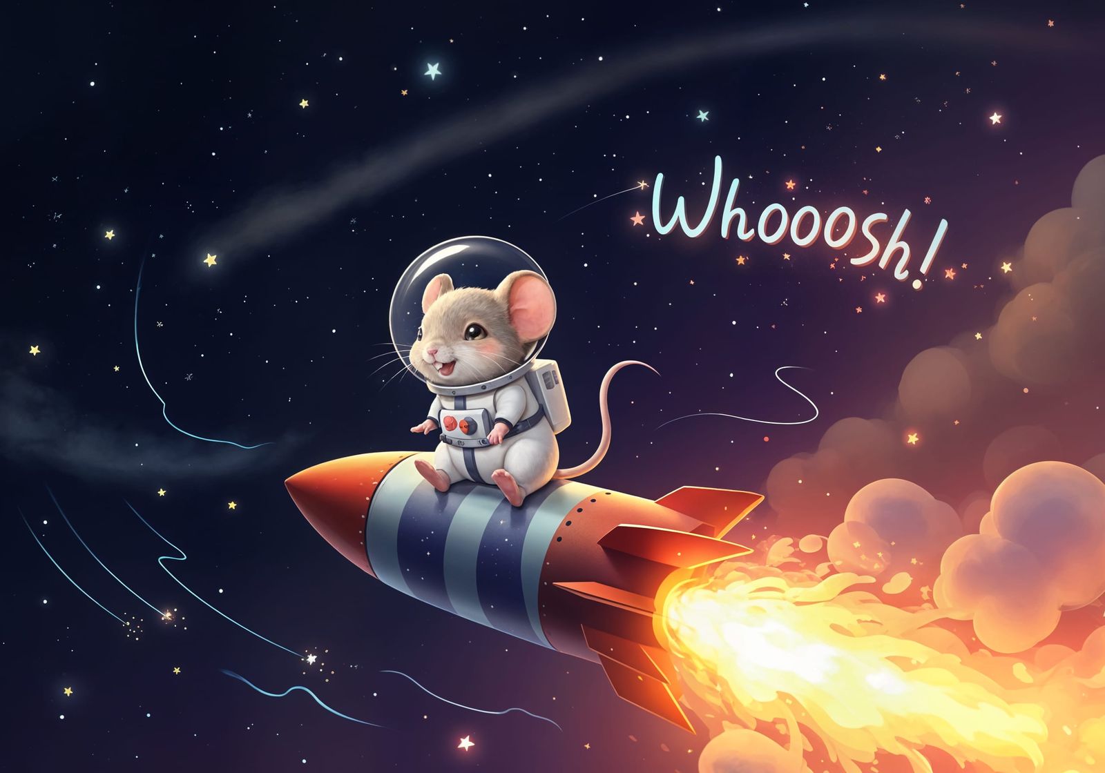 Chibi Mouse on Firework Rocket Soaring