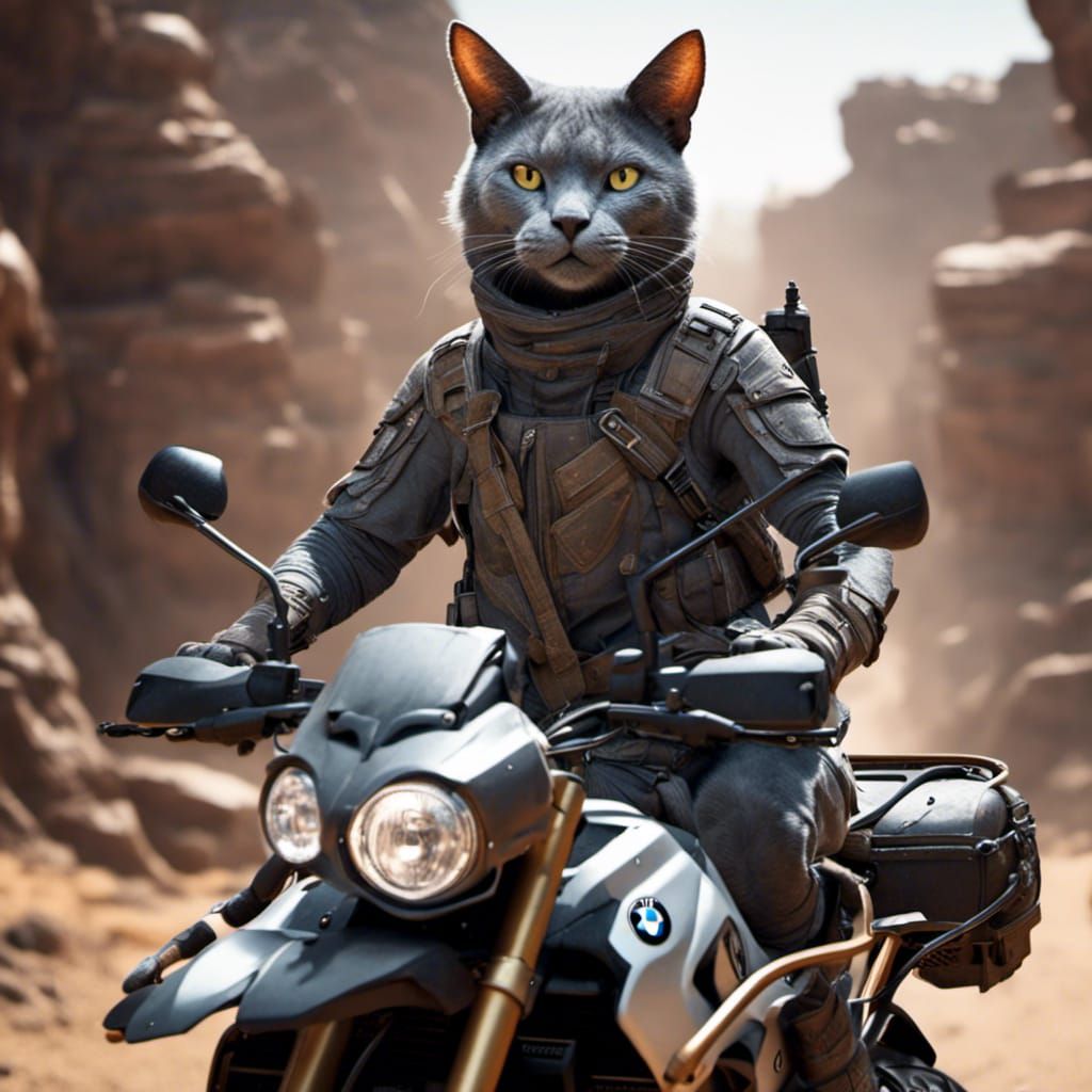 Anthropomorphic Cat on Motorcycle, Hyperdetailed Concept Art