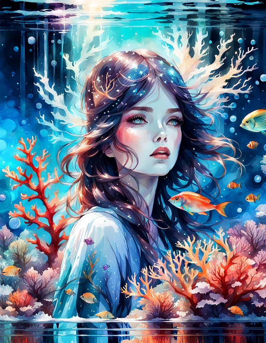 under the sea, coral, inside a glass of water a girl is abou...