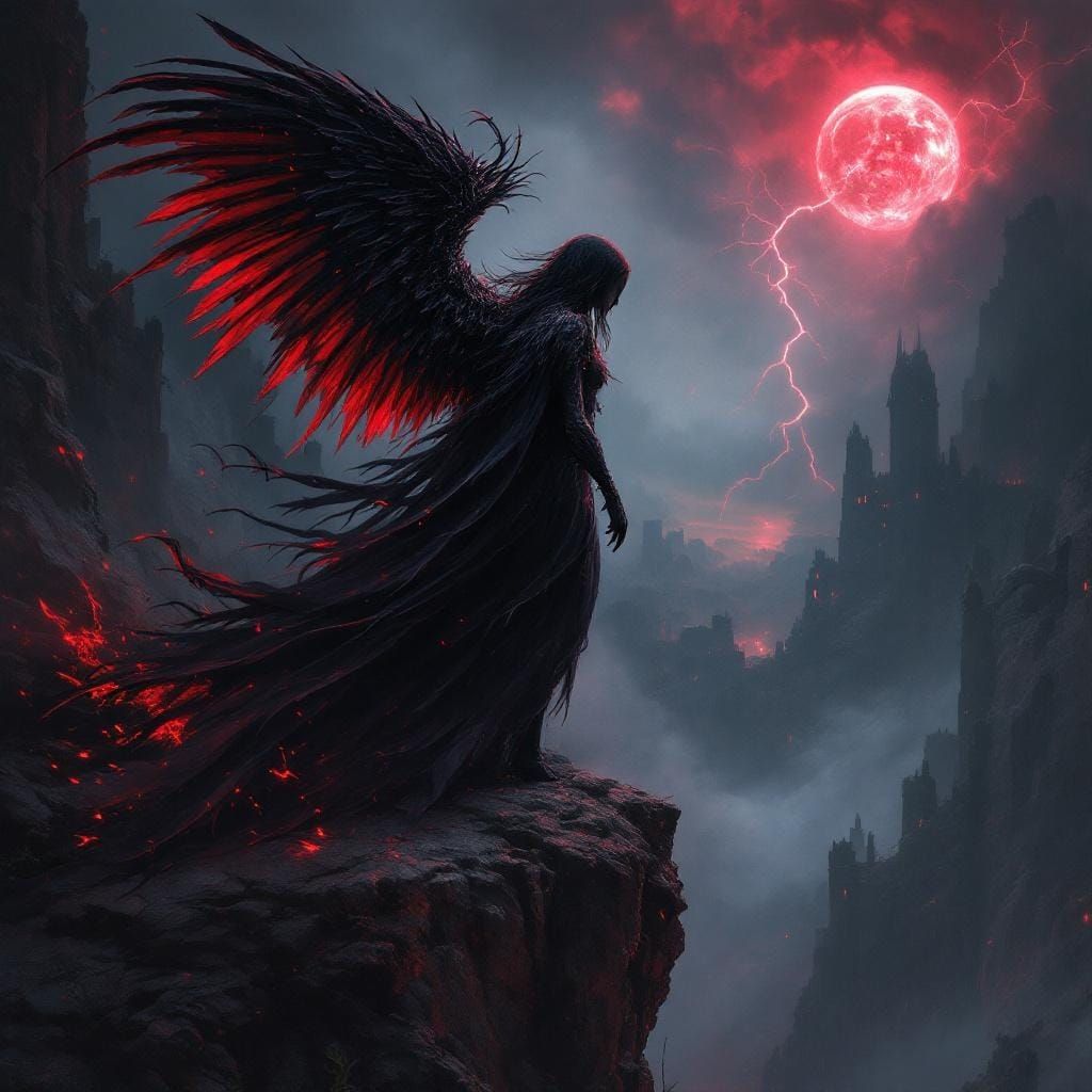 Gothic Witch With Raven Wings in Storm