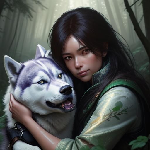 Girl Hugging Husky in Forest, Detailed Portrait