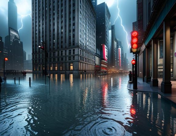 Flooded Manhattan Night Storm in Futuristic Style