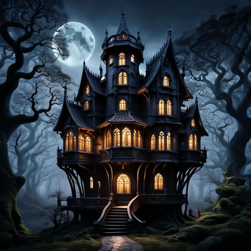 Mystical Gothic Treehouse Mansion in Moonlit Forest