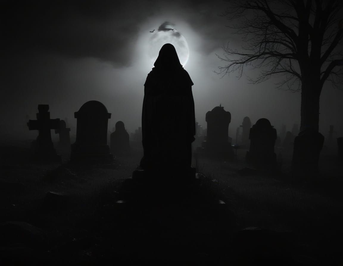 Ethereal Midnight Cemetery Scene with Ghostly Figure