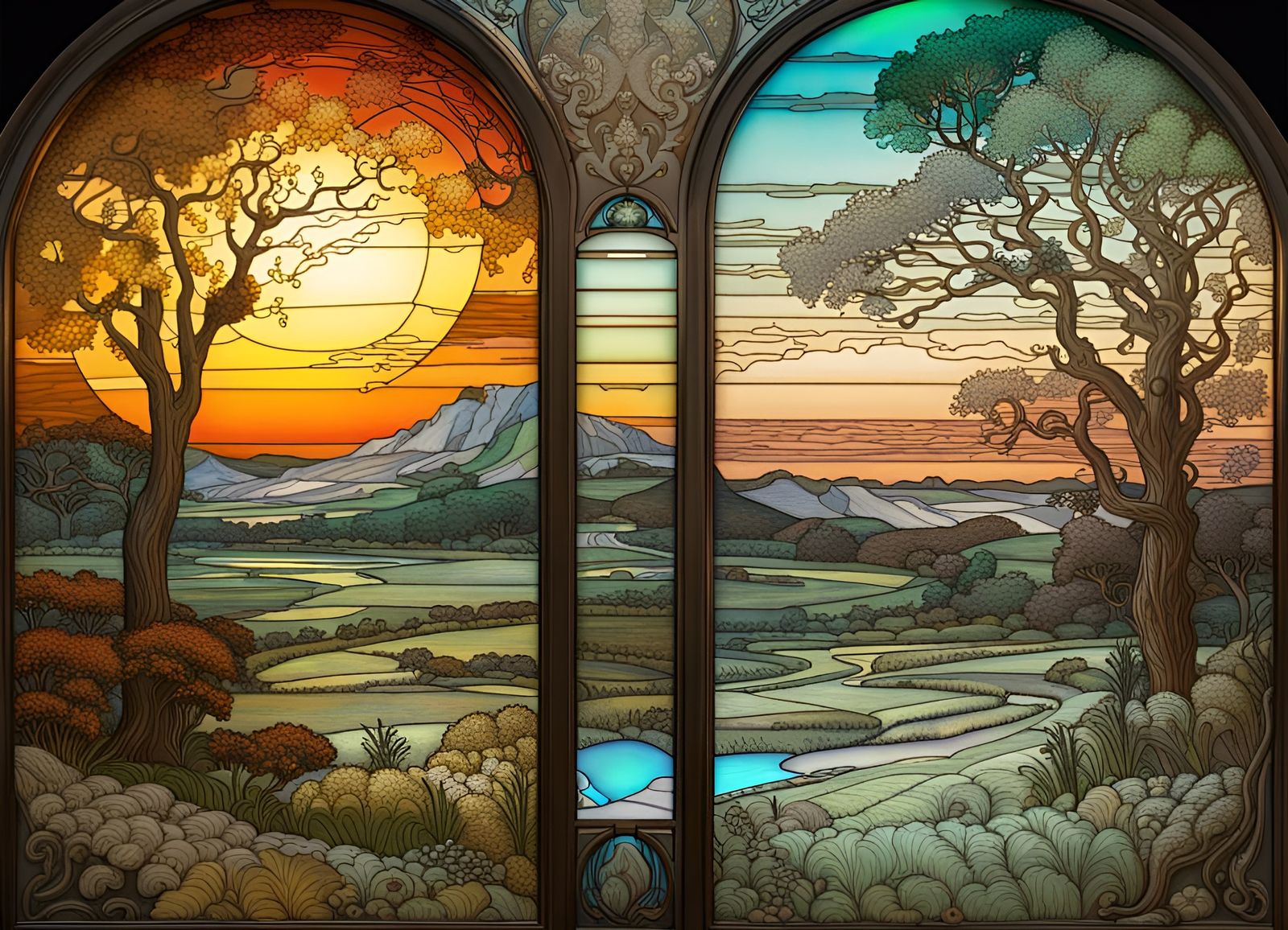 Ornate Stained Glass: Winter to Summer Landscape