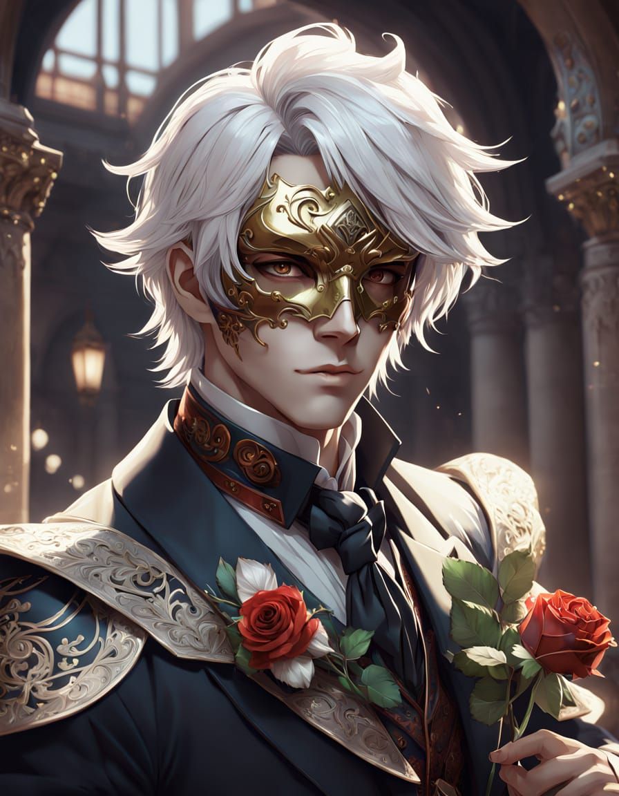 Anime Style Portrait with Carnival Mask and Rose
