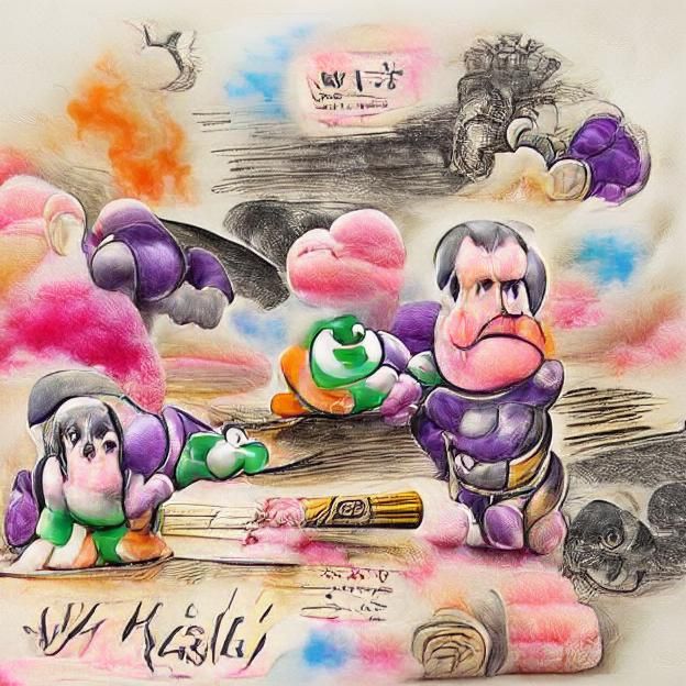 Kirby and Yoshi vs Waluigi: Ink Pastel Drawing