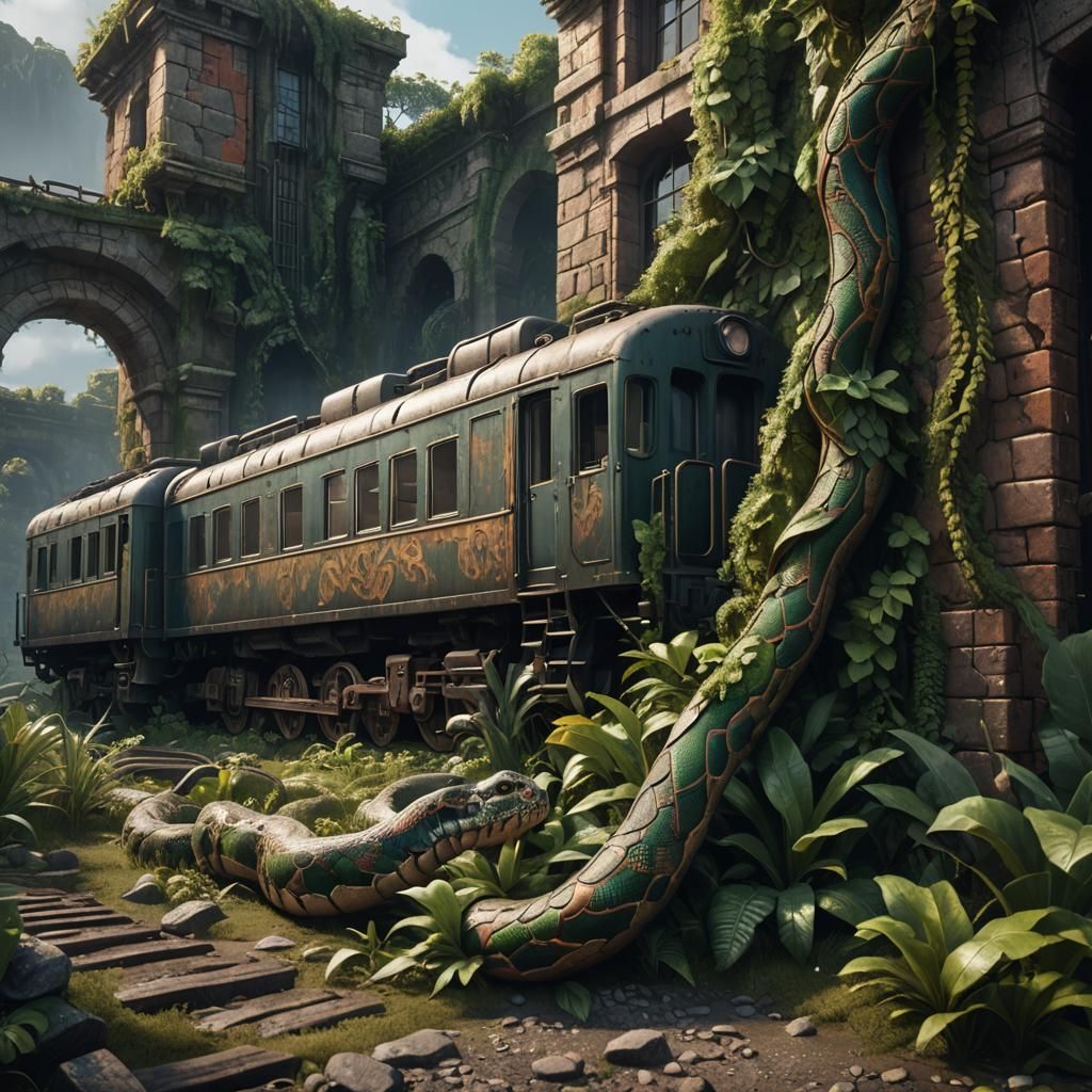 Old Train and Snake on Vegetated Wall