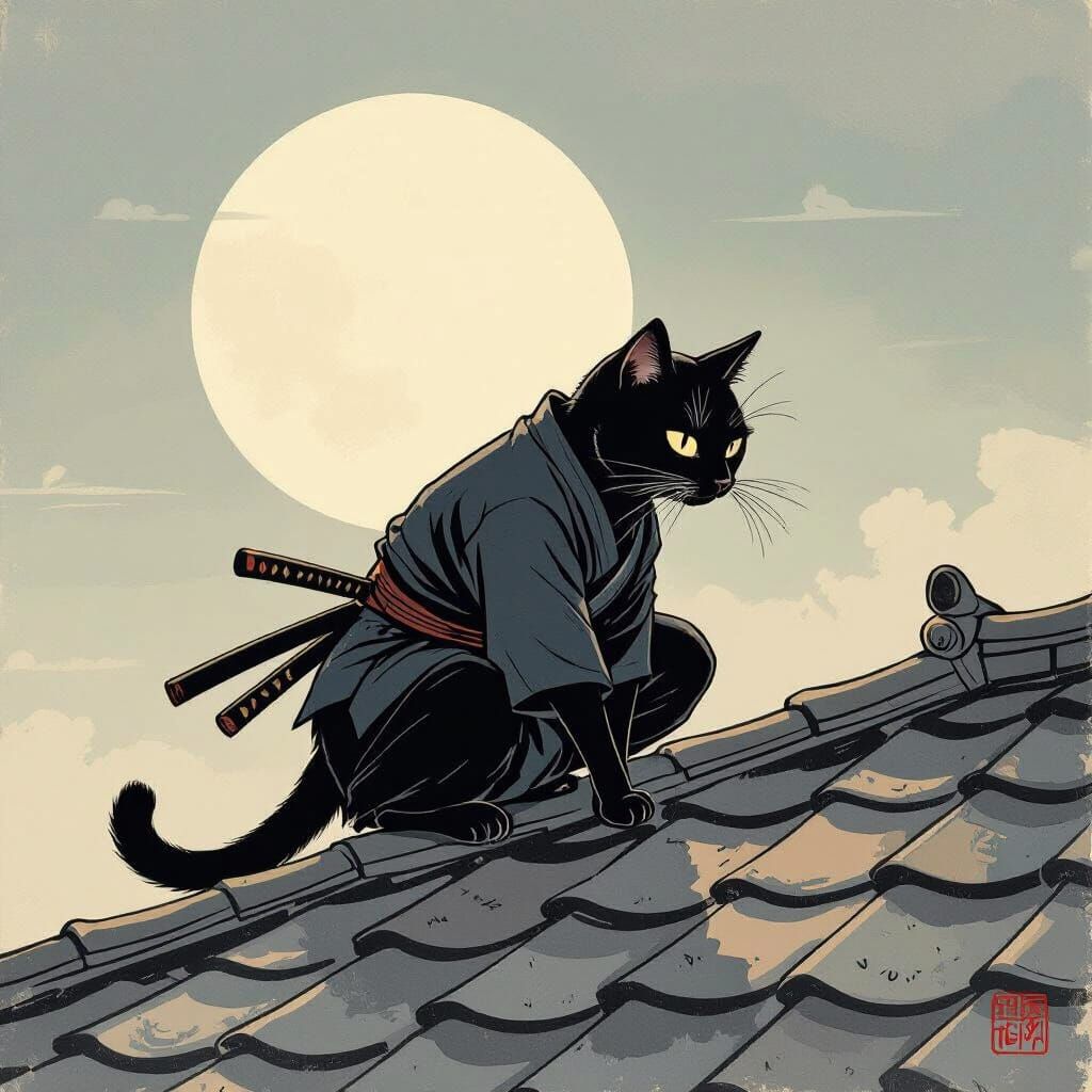 Stealthy Ninja Cat on Moonlit Rooftop in Ukiyo-e Style