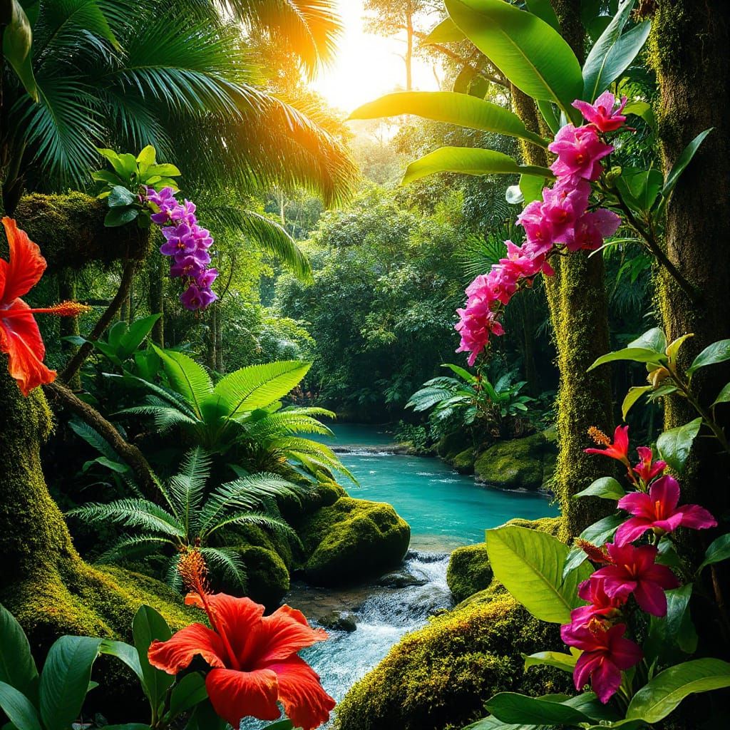 Lush Tropical Rainforest Scene in Saturated Colors